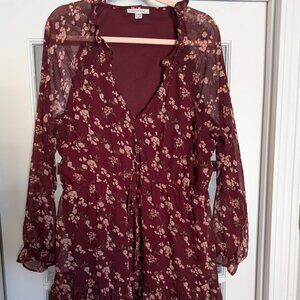 American Eagle Floral Burgundy Chiffon Babydoll Dress